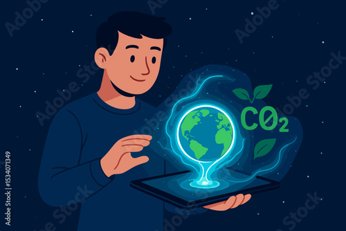 Carbon dioxide reduction and net zero emission concept. Man with tablet shows Earth hologram for climate action. Green technology for environmental sustainability and a clean future.