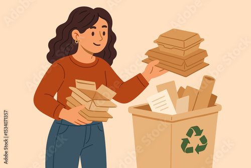 Woman recycling paper and cardboard waste. Eco friendly person sorting trash into a recycling bin. Sustainability and zero waste lifestyle concept. Environmental care vector art.