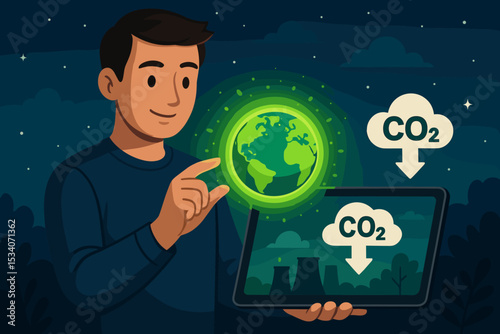 Man with tablet analyzing CO2 emissions reduction. Concept for climate change, carbon footprint, and sustainability. Holding green Earth, promoting clean energy and technology to save the planet.