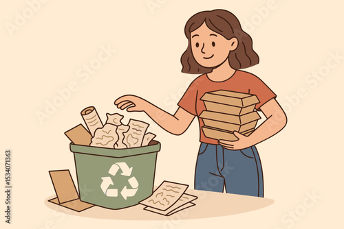 Eco friendly woman recycling paper and cardboard. Sustainability concept vector illustration. Girl sorting waste into a green bin. Environmental protection and zero waste lifestyle.