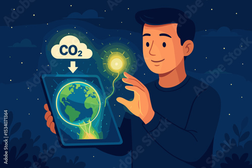 Carbon capture technology concept. Man holding tablet to monitor CO2 emissions and manage renewable energy. Climate change solution, reducing carbon footprint, sustainable future.