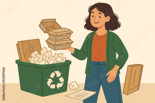 Woman sorting paper waste for recycling. Eco friendly person putting cardboard and takeout containers in a green bin. Concept of sustainability, zero waste, and environmental care.