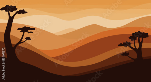 Desert landscape with silhouetted trees, sand dunes, and mountains at sunset