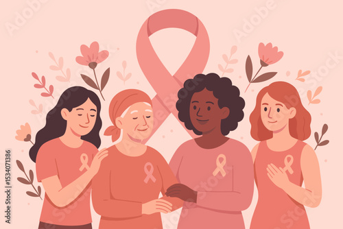 Breast Cancer Awareness Month concept. A diverse group of women shows support for a patient. Pink ribbon symbol of hope, solidarity, and female community. Healthcare campaign vector.
