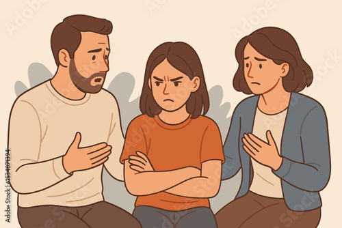 Family conflict illustration. Worried parents talking to angry teenage daughter. Difficult conversation, generation gap, and communication problems concept. Stubborn girl ignoring sad parents.