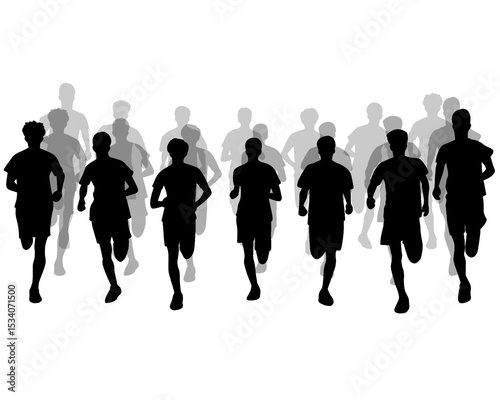 Silhouette of crowd of young people running, morning jogging, isolated icon on white background.