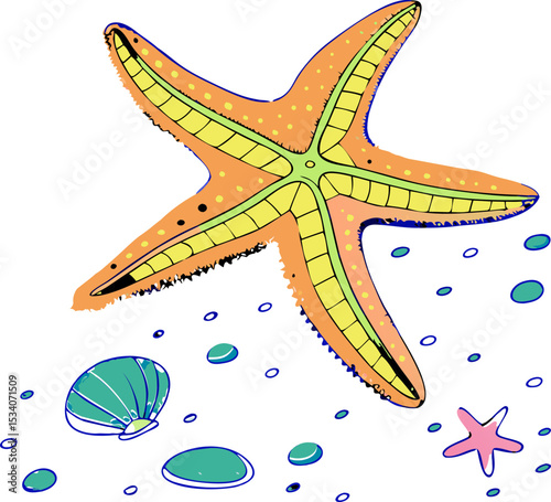Colorful starfish surrounded by seashells and bubbles in a playful underwater scene
