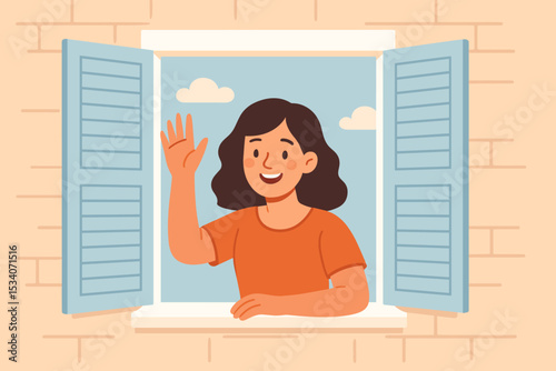 Woman waving from window. Happy girl greeting neighbor. Hello gesture. Welcome home concept. Friendly character smiling. Good neighborhood, community, social connection illustration.