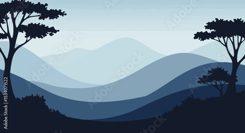 Two silhouetted trees in a tranquil blue landscape illustration