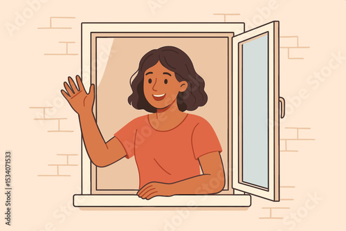 Happy young woman waving hand from an open window. Friendly female character smiling and greeting. Concept of neighbor, welcome, community, saying hello or goodbye. Home life vector.
