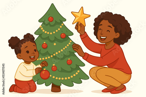 Happy black family decorating a Christmas tree. African American mother and daughter celebrating winter holidays together. Woman putting a star on top, child hanging an ornament. Vector.
