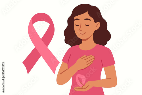 Breast cancer awareness month vector concept. Woman holding pink ribbon symbol. Female health, hope, and support. Medical prevention campaign for charity. Survivor solidarity.