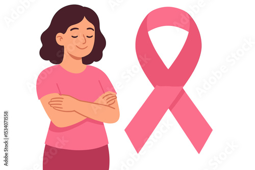 Breast cancer awareness month concept. Woman with pink ribbon symbol of hope and support. Female health care and medical campaign illustration for charity and survivor empowerment.