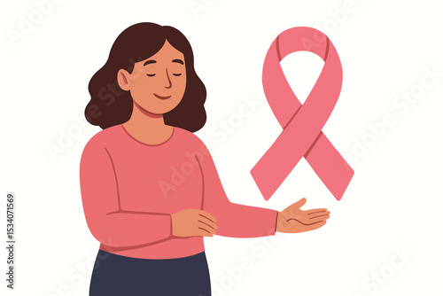 Breast Cancer Awareness Month concept. Woman with pink ribbon symbol for hope, support, and survival. Female health, charity event, and medical campaign vector illustration.