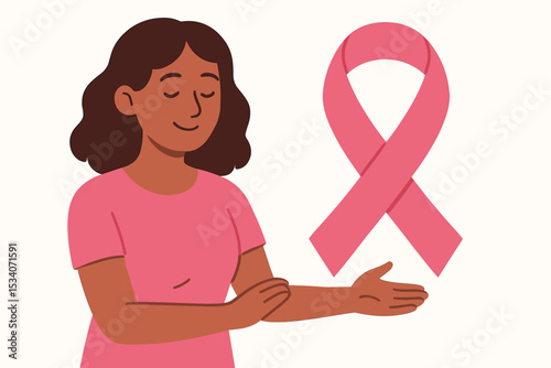Breast Cancer Awareness month. Black woman with pink ribbon, a symbol of hope and support. Women's health campaign vector illustration for charity and medical checkup promotion.