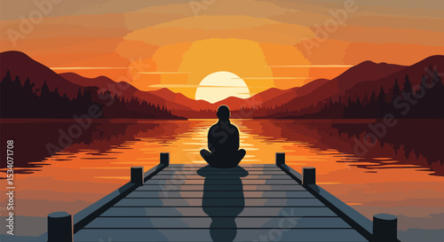 Man meditating on wooden dock at sunset with mountains in background