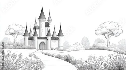 Adult Coloring Page: Detailed Line Art of Castle with Rose Garden | Thick Outline, Sticker Art Style, White Background photo
