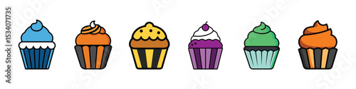 Cupcake Icon Set Featuring Sweet Baked Treats, Cupcake icon set featuring a collection of vector cupcakes with frosting and toppings, ideal for bakery themes, dessert menus