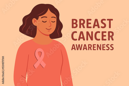 Woman with pink ribbon for Breast Cancer Awareness Month. Vector illustration supporting health campaign, hope, solidarity. October event design for disease prevention, female empowerment.