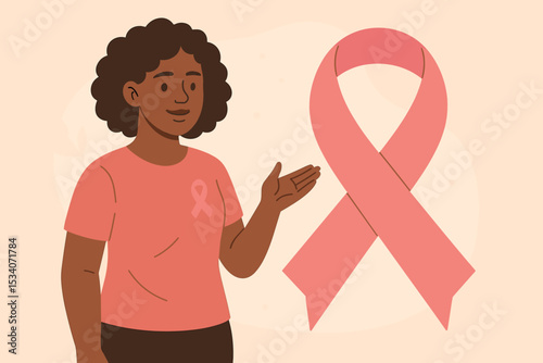 Breast Cancer Awareness Month vector concept. Black woman shows pink ribbon symbol for health care campaign. Support for charity, hope, prevention, and medical checkup.