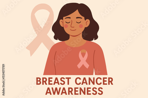 Breast Cancer Awareness Month vector concept. Woman with pink ribbon showing support and hope for survivors. Female healthcare campaign poster. Solidarity and empowerment illustration.