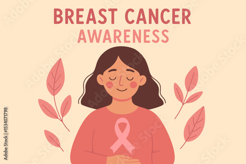 Breast Cancer Awareness Month vector concept. Woman with pink ribbon symbol for hope, support, and survival. Female health care campaign illustration for charity and medicine.