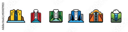 Waterfall Icon Depicting Natural Scenery and Tourism, Waterfall icon vector illustration depicting natural cascading water from a cliff or rocks, symbolizing nature, travel, hiking, serenity