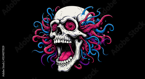 White skull with pink tongue and colorful swirling tendrils on black background