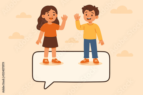 Cartoon children waving hello or goodbye. Friendly boy and girl characters standing on a large blank speech bubble. Vector concept for communication, friendship, and social connection.