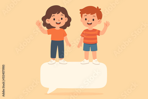 Happy cartoon boy and girl waving hello. Cute children friends standing on a large blank speech bubble. Vector illustration template with copy space for text. Childhood communication.
