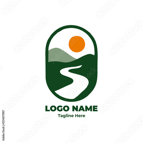 Outdoor badge logo with camping tent and mountain scene for hiking trekking survival journey