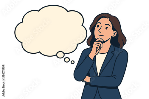 Business woman thinking with a blank thought bubble. Vector cartoon illustration of a female manager having an idea. Concept for inspiration, creativity, strategy, and brainstorming.