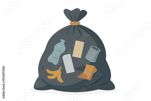 Garbage bag full of mixed domestic waste. Concept of rubbish collection, pollution, and recycling. Black plastic sack with trash, bottle, can, paper, and food waste. Isolated vector.