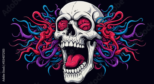 Vivid stylized skull illustration with colorful tendrils on black background