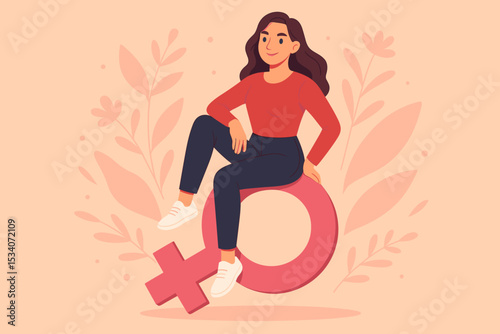 Empowered woman sits confidently on a large female gender symbol. Feminism, girl power, and women's rights concept. Strong, independent female character for gender equality. Vector.