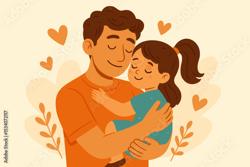 Father and daughter embrace vector illustration. Happy dad hugging his little girl with love and affection. Father's Day greeting card. Parenthood, family bond, togetherness.