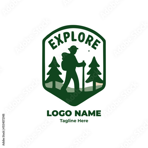 Forest camping adventure logo with hiking trail design for outdoor badge survival trekking