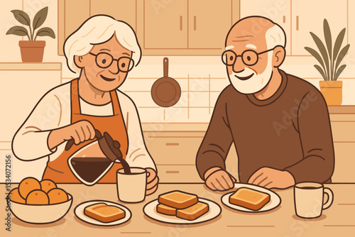 Happy senior couple having breakfast together in the kitchen. Elderly woman pouring coffee for her husband. Concept of morning routine, love and retirement lifestyle. Flat illustration.