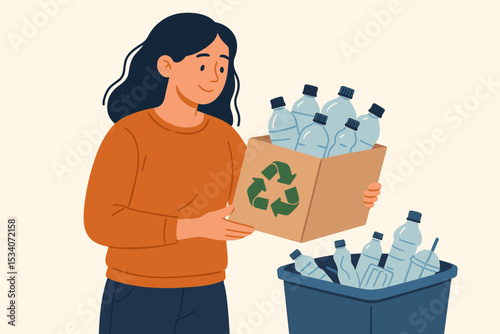 Woman recycling plastic bottles, sorting waste into a bin. Eco-friendly lifestyle concept for environmental conservation and sustainability. Zero waste and responsible garbage disposal.