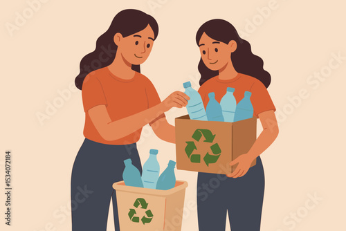 Women recycling plastic bottles together. Eco friendly people sorting household waste into a recycling bin. Sustainable lifestyle for environmental protection. Zero waste concept vector.