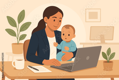 Working mom holding baby and using laptop, balancing career and family. Multitasking businesswoman and parent concept. Remote work and motherhood illustration from home office.