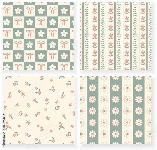 Set of seamless retro patterns with flowers, bows, and botanical stripes in soft pastel tones. Vintage wallpaper and textile design for home decor, packaging, stationery, fabric, and scrapbooking.