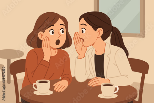 Two women gossiping in a cafe. Girl whispering a secret to her shocked friend. Rumor, confidential information concept. Friends talking and sharing news. Coffee break conversation.