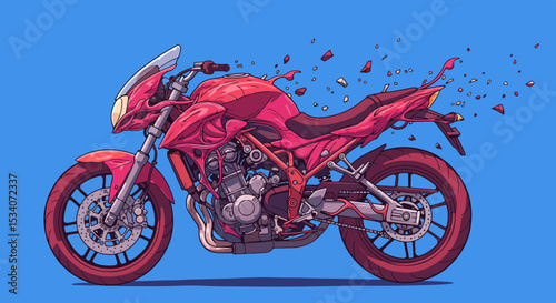 Pink motorcycle illustration with multicolored debris on blue background