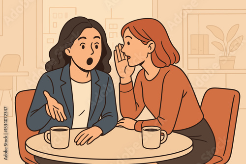 Woman whispering gossip or a secret into her friend's ear. Shocked female colleague listening to a rumor during a coffee break in a cafe. Spreading news concept illustration.