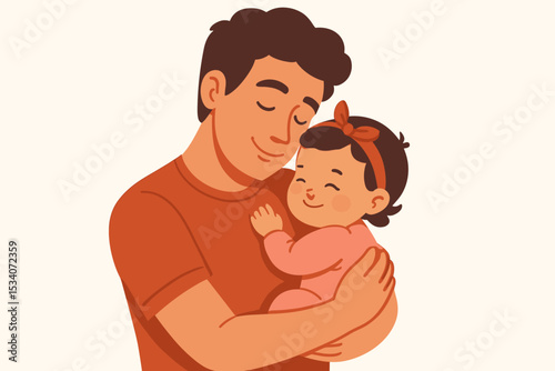 Father holding his baby daughter in a loving embrace. Happy Father's Day concept. Vector illustration of parenthood, family love, and fatherhood. Caring dad cuddling newborn girl.