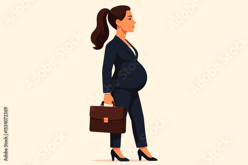 Powerful pregnant businesswoman in suit with briefcase. Concept for maternity, career, and work life balance. Confident expecting mother. Female empowerment. Flat vector illustration.
