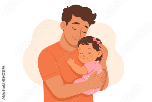 Young loving father holding his cute sleeping baby daughter in a tender embrace. Happy Father's Day. Concept of fatherhood, parenthood, family bond and unconditional love.