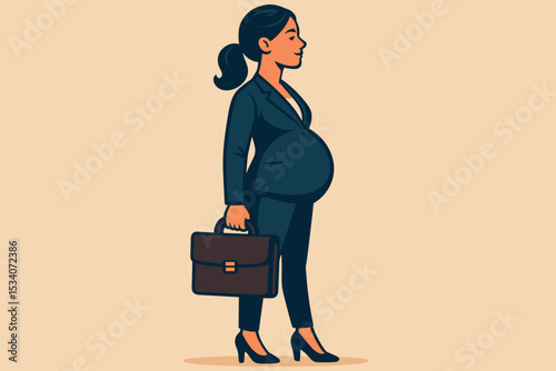 Confident pregnant businesswoman vector illustration. Symbol of a working mother, career and maternity balance, female empowerment and equality. Professional woman expecting a baby.