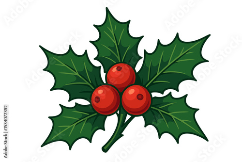 Christmas holly sprig with red berries vector icon. Traditional winter holiday decoration. Festive plant with green leaves isolated on white background. Symbol of Xmas and New Year.